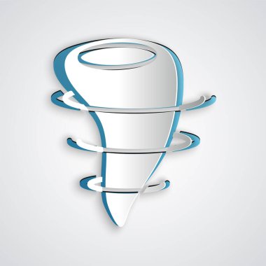 Kağıt kesiği Tornado simgesi gri arkaplanda izole edildi. Kağıt sanatı tarzı. Vektör İllüstrasyonu.