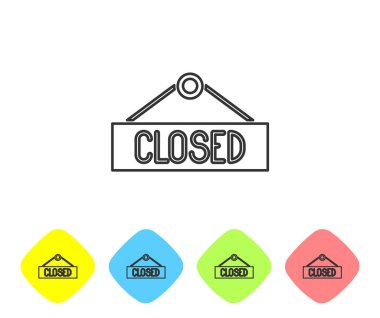 Beyaz arkaplanda izole edilmiş metin kapatılmış simgesi olan gri çizgi asma işareti. Kafe ya da restoran için iş teması. Renkli eşkenar dörtgen düğmelerine simgeleri yerleştir. Vektör İllüstrasyonu.