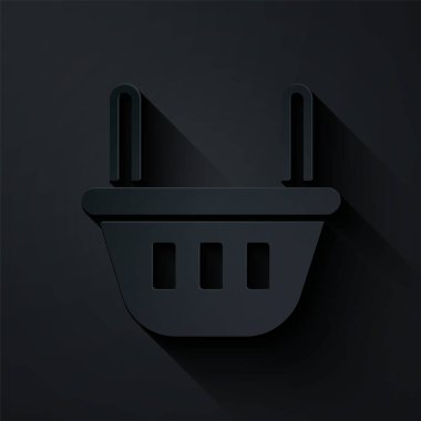 Kağıt kesiği sepet simgesi siyah arka planda izole edilmiş. Yiyecek dükkanı, süpermarket. Kağıt sanatı tarzı. Vektör İllüstrasyonu.