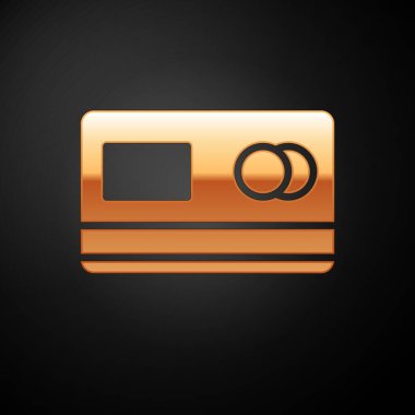 Altın kredi kartı simgesi siyah arkaplanda izole edildi. Çevrimiçi ödeme. Nakit çekilmesi. Finansal operasyonlar. Alışveriş tabelası. Vektör İllüstrasyonu.