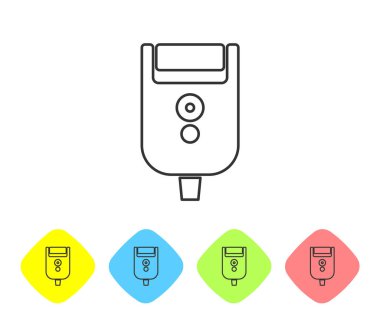 Beyaz arka planda izole edilmiş erkek simgesi için gri çizgili elektrikli tıraş bıçağı. Elektrikli tıraş makinesi. Renkli eşkenar dörtgen düğmelerine simgeleri yerleştir. Vektör İllüstrasyonu.