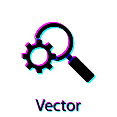 Beyaz arka planda siyah büyüteç ve vites simgesi var. Arama ekipmanı. İş analizi sembolü. Vektör İllüstrasyonu.