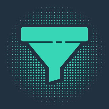 Yeşil Satış hunisi ve pazarlama için oklar mavi arka planda izole edilmiş iş simgesi. Bilgi şablonu. Soyut çember rastgele noktalar. Vektör İllüstrasyonu.