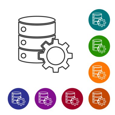 Beyaz arkaplanda siyah çizgi sunucusu ve dişli simgesi izole edildi. Uygulama, servis konsepti, ayar seçenekleri, bakım, onarım, onarım. Simgeleri renk daire düğmelerine ayarla. Vektör İllüstrasyonu.