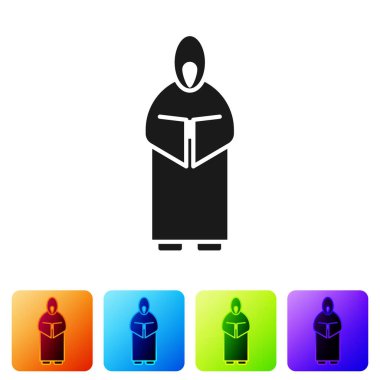 Siyah Monk simgesi beyaz arkaplanda izole edildi. Renkli kare düğmelerle simgeleri ayarla. Vektör İllüstrasyonu.