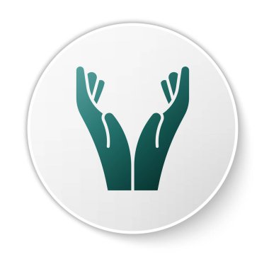 Yeşil Eller dua konumunda beyaz arkaplanda izole edilmiş bir simge. Tanrı 'ya inanç ve umutla dua edin. Beyaz daire düğmesi. Vektör İllüstrasyonu.