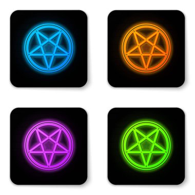 Beyaz arkaplanda izole edilmiş bir daire simgesinde parlayan neon pentagram. Sihirli okült yıldız sembolü. Siyah kare düğme. Vektör İllüstrasyonu.