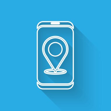 Şehir haritası yön bulma simgesinin uzun gölgesi ile izole edilmiş beyaz çizgi bilgileri. Mobil Uygulama Arayüzü tasarımı. Coğrafi konsept. Vektör İllüstrasyonu.