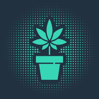 Yeşil Tıbbi marihuana ya da esrar bitkisi mavi arka planda izole edilmiş bir esrar ikonu. Esrar yetiştirme konsepti. Kenevir saksısı. Soyut çember rastgele noktalar. Vektör İllüstrasyonu.