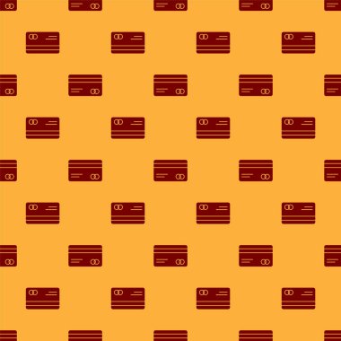 Kırmızı Kredi kartı simgesi kahverengi arkaplanda kusursuz desen izole etti. Çevrimiçi ödeme. Nakit çekilmesi. Finansal operasyonlar. Alışveriş tabelası. Vektör İllüstrasyonu.