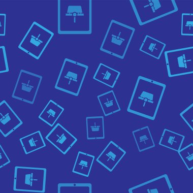 Ekran tableti simgesinde mavi alışveriş sepeti mavi arkaplanda izole edilmiş pürüzsüz desen. Konsept e-ticaret, e-ticaret, online iş pazarlama. Vektör İllüstrasyonu.