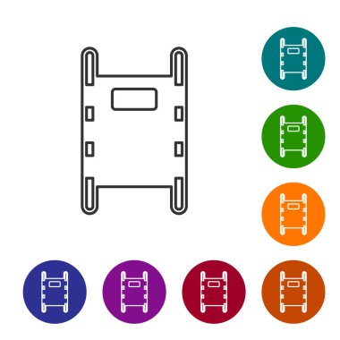 Siyah çizgi sedye simgesi beyaz arkaplanda izole edildi. Hastanenin tıbbi sedyesi. Simgeleri renk daire düğmelerine ayarla. Vektör İllüstrasyonu.