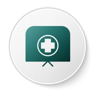 Beyaz arka planda çapraz ikonlu yeşil hemşire şapkası. Tıp hemşiresi şapkası işareti. Beyaz daire düğmesi. Vektör İllüstrasyonu.