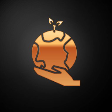 Dünya 'nın simgesini tutan altın insan elleri siyah arkaplanda izole edilmiş. Dünya kavramını sakla. Vektör İllüstrasyonu.