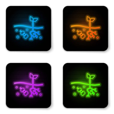 Parlayan neon, gezegen ikonunun kirliliği sorunu beyaz arka planda izole edildi. Çöpler, plastikler, gezegendeki poşetler. Siyah kare düğme. Vektör İllüstrasyonu.