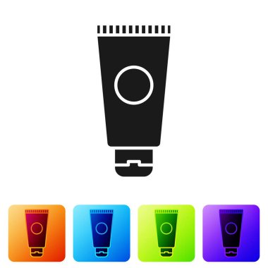 Beyaz arka planda siyah krem ya da losyon kozmetik tüp ikonu var. Erkekler için vücut bakım ürünleri. Renkli kare düğmelerle simgeleri ayarla. Vektör İllüstrasyonu.