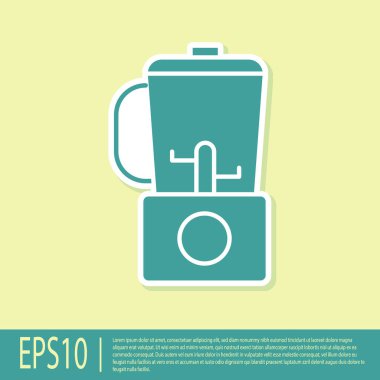 Sarı arkaplanda yeşil blender simgesi izole edildi. Mutfak elektrikli kırıcı ve kase. Meyve suyu, kokteyl ya da meyve suyu. Vektör İllüstrasyonu.