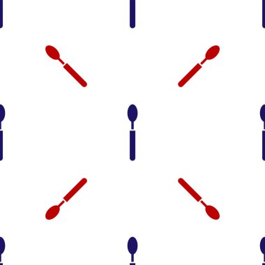 Mavi ve kırmızı kaşık simgesi beyaz arkaplandaki kusursuz deseni izole etti. Mutfak aletleri. Çatal bıçak seti. Vektör İllüstrasyonu.