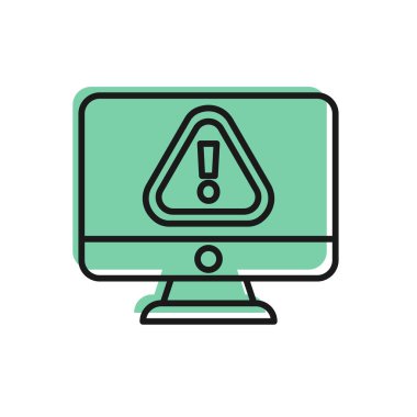 Beyaz zemin üzerinde ünlem işareti simgesi olan siyah çizgi bilgisayar monitörü. Uyarı mesajı akıllı telefon uyarısı. Vektör İllüstrasyonu.