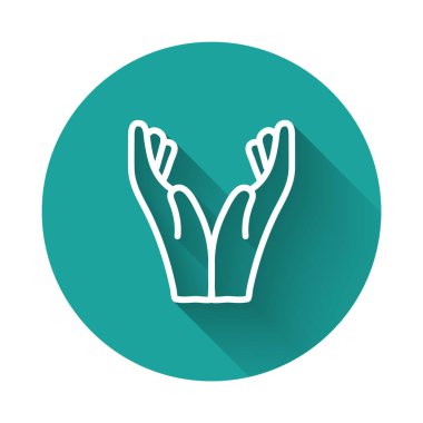 Beyaz çizgi Eller dua pozisyonunda uzun gölgeyle izole edilmiş ikon. Tanrı 'ya inanç ve umutla dua edin. Yeşil daire düğmesi. Vektör İllüstrasyonu.