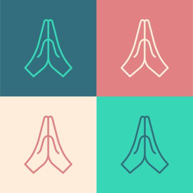 Pop sanat çizgisi Eller dua konumunda renk arkaplanında izole edilmiş. Tanrı 'ya inanç ve umutla dua edin. Vektör İllüstrasyonu.