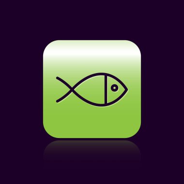 Siyah çizgi Hristiyan balık sembolü siyah arka planda izole edilmiş. İsa 'nın balık sembolü. Yeşil kare düğmesi. Vektör İllüstrasyonu.