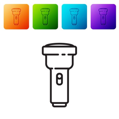 Beyaz arkaplanda siyah çizgi el feneri simgesi izole edildi. Renkli kare düğmelerle simgeleri ayarla. Vektör İllüstrasyonu.