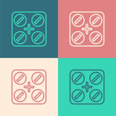 Esrarlı veya kenevir yaprağı ikonlu tıbbi haplar renkli arka planda izole edilmiş. Kavanozlardaki kenevir yağı özlerini taklit et. Vektör İllüstrasyonu.