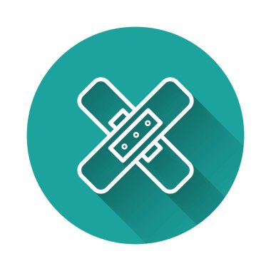 Beyaz çizgi sargı bezi alçı ikonu uzun gölgeyle izole edilmiş. Tıbbi alçı, yapıştırıcı bandaj, esnek kumaş bandajı. Yeşil daire düğmesi. Vektör İllüstrasyonu.