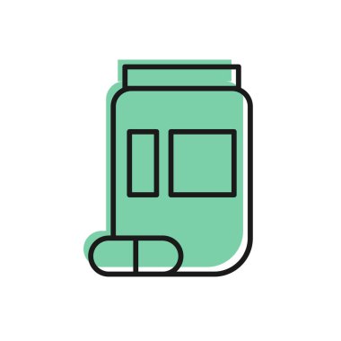 Siyah çizgi ilaç şişesi ve beyaz arka planda izole edilmiş hap ikonu. Şişe hapı işareti. Eczane tasarımı. Vektör İllüstrasyonu.