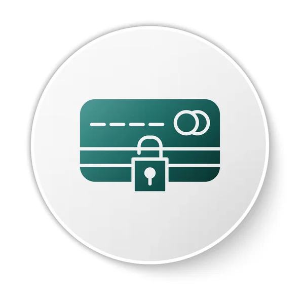 绿色信用卡 带有锁图标 白色背景隔离 锁定银行卡 保护安全支付的概念 白色圆环按钮 病媒图解 — 图库矢量图片