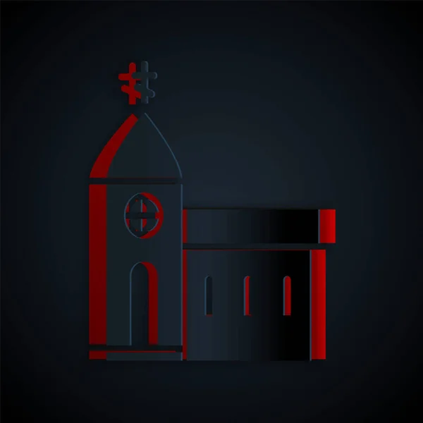 Paper Cut Church Building Icon Isolated Black Background Christian Church — Stock Vector