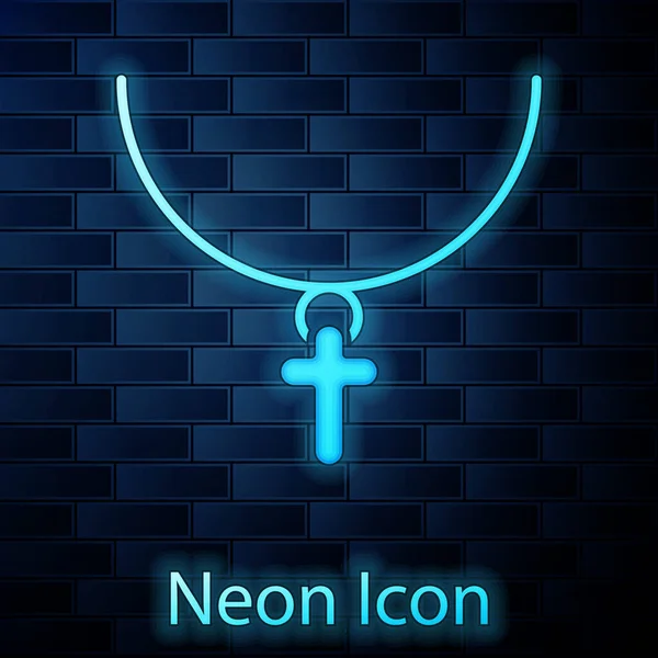 Gloeiend Neon Christelijk Kruis Ketting Pictogram Geïsoleerd Baksteen Muur Achtergrond — Stockvector