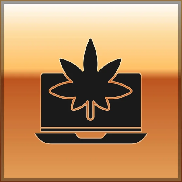 Black Laptop Lékařské Marihuany Nebo Konopných Listů Ikony Izolované Zlatém — Stockový vektor