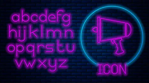 Gloeiende Neon Verspreid Het Woord Megafoon Pictogram Geïsoleerd Bakstenen Muur — Stockvector