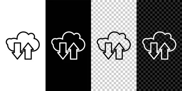 黒と白の背景に隔離されたラインクラウドのダウンロードとアップロードアイコンを設定します ベクターイラスト — ストックベクタ