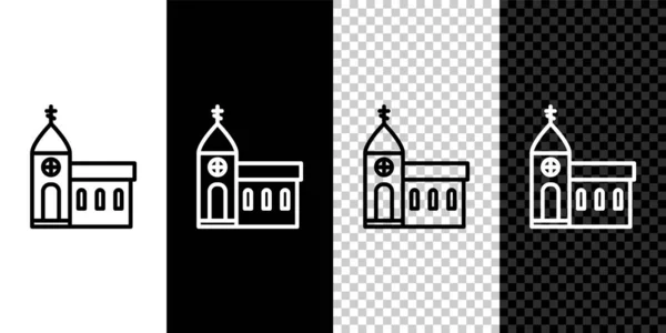黒と白の背景に孤立ライン教会の建物のアイコンを設定します キリスト教会 教会の宗教 ベクターイラスト — ストックベクタ