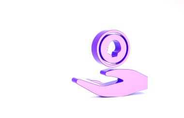Mor El para ikonunu beyaz arka planda tutuyor. Dolar ya da USD sembolü. Nakit bankacılık tabelası. Minimalizm kavramı. 3d illüstrasyon 3B canlandırma
