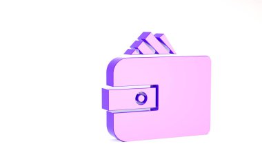 Beyaz arka planda izole edilmiş kağıt para ikonu desteli mor cüzdan. Çanta ikonu. Nakit tasarruf sembolü. Minimalizm kavramı. 3d illüstrasyon 3B canlandırma