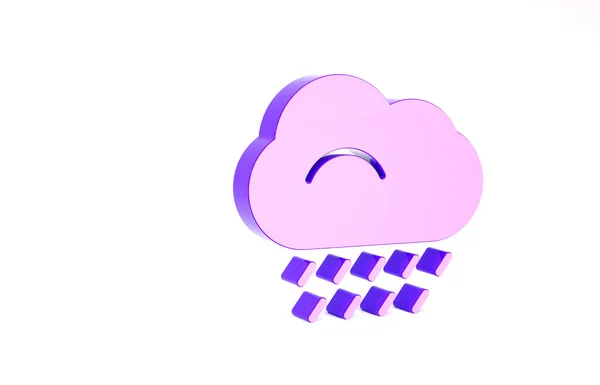 Purple Cloud με εικονίδιο βροχής απομονωμένο σε λευκό φόντο. Βροχή σύννεφο βροχόπτωση με σταγόνες βροχής. Μινιμαλιστική έννοια. 3d απεικόνιση 3D καθιστούν — Φωτογραφία Αρχείου