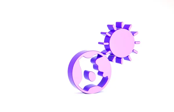 紫色の地球と太陽のアイコンは、白い背景に隔離されています。世界や地球の標識。世界的なインターネットシンボル。幾何学的形状。最小限の概念。3Dイラスト3Dレンダリング — ストック写真