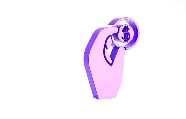 Lila kéz tartja érme pénz ikon elszigetelt fehér háttérrel. Dollár vagy USD szimbólum. Készpénz Banking pénznem jel. Minimalizmus koncepció. 3d illusztráció 3D render — Stock Fotó