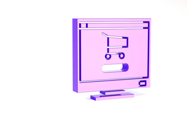 Purple Shopping cart on screen computer icon isolated on white background. Concept e-commerce, e-business, online business marketing. Minimalism concept. 3d illustration 3D render — Stock Photo, Image