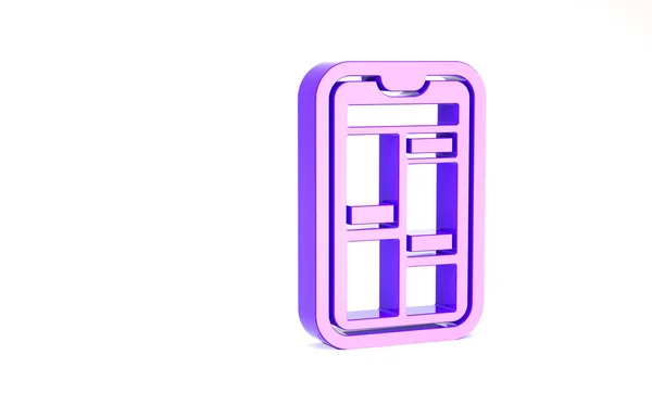 Purpurowe zakupy online na ikonie telefonu komórkowego izolowane na białym tle. Sklep internetowy, aplikacja sklepu mobilnego i rozliczenia płatności. Koncepcja minimalizmu. Ilustracja 3D 3D renderowania — Zdjęcie stockowe