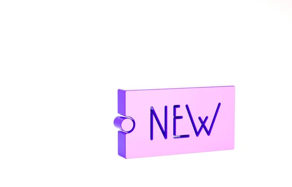 Lila Preisschild mit einer Aufschrift Neues Symbol auf weißem Hintergrund. Abzeichen für Preis. Promotag Rabatt. Minimalismus-Konzept. 3D Illustration 3D Renderer — Stockfoto