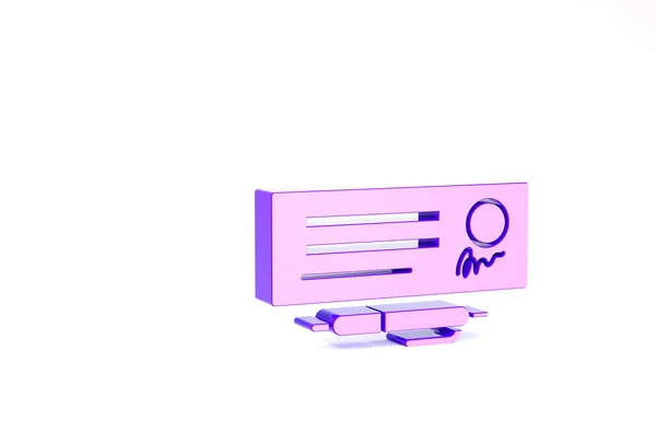 A banki ellenőrzés lila üres sablonja és fehér alapon izolált toll ikon. Csekk-könyv csekk oldal üres mezőkkel kitölteni. Minimalizmus koncepció. 3d illusztráció 3D render — Stock Fotó