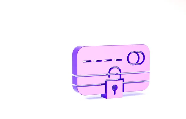 Tarjeta de crédito púrpura con icono de bloqueo aislado sobre fondo blanco. Tarjeta bancaria bloqueada. Seguridad, seguridad, protección. Concepto de pago seguro. Concepto minimalista. 3D ilustración 3D render — Foto de Stock