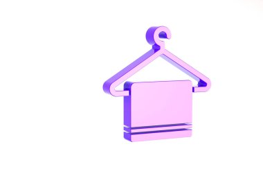 Beyaz arka planda izole edilmiş bir askı simgesinde mor havlu. Banyo havlusu ikonu. Minimalizm kavramı. 3d illüstrasyon 3B canlandırma