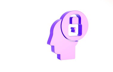 Beyaz arka planda kilit simgesi olan mor insan kafası. Minimalizm kavramı. 3d illüstrasyon 3B canlandırma