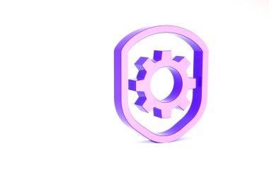 Beyaz arkaplanda izole edilmiş ayarlı dişli simgesi olan Mor Kalkan. Ayarlama, servis, bakım, onarım, onarım. Minimalizm kavramı. 3d illüstrasyon 3B canlandırma